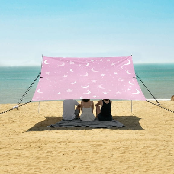 Wobogo Star Moon Pink Pattern Beach Tent Camping Sun Shelter 110 x 125in UPF50+ Outdoor Shade for Trips Fishing Picnics