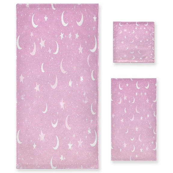 Wobogo Star Moon Pink Pattern Ultra Soft 3 Pack Cotton Towel Set Includes 1 Bath Towel 1 Face Towel and 1 Washcloth for Everyday Use Lightweight and Compact