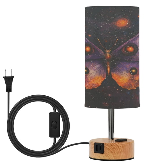 Wobogo Star Purple Butterfly Bedside Lamp Touch Control Table Lamp with USB A+C Charging Ports & AC Outlet 3-Way Dimmable Nightstand Lamp with Linen Fabric Shade for Bedroom Living Room