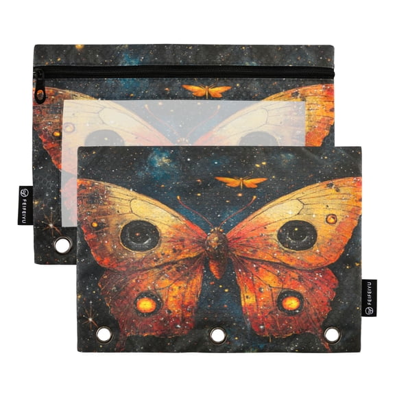 Wobogo Star Red Butterfly Pencil Pouch with 3 Ring Binder Holes Set of 2 for Learning Tools