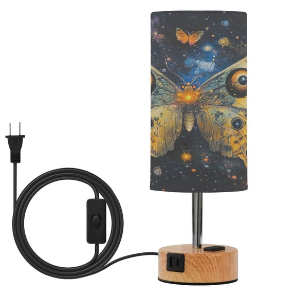Wobogo Star Yellow Butterfly Bedside Lamp Touch Control Table Lamp with USB A+C Charging Ports & AC Outlet 3-Way Dimmable Nightstand Lamp with Linen Fabric Shade for Bedroom Living Room