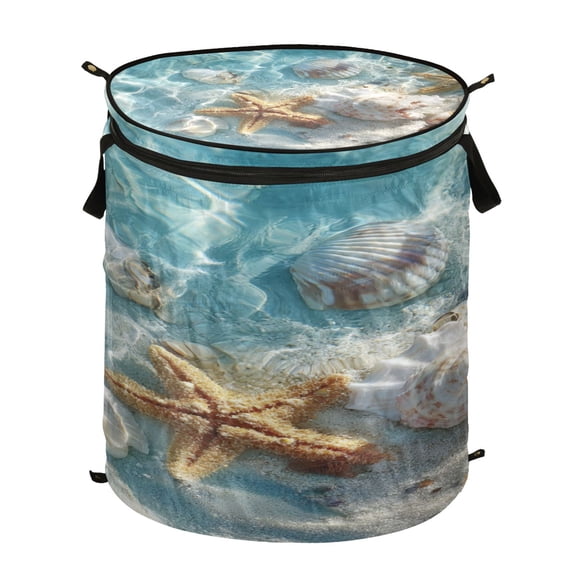 Wobogo Starfish Seashell on Beach Foldable Laundry Baskets with Carry Handle Zipper Closure Travel Bathroom College Dorm Essentials