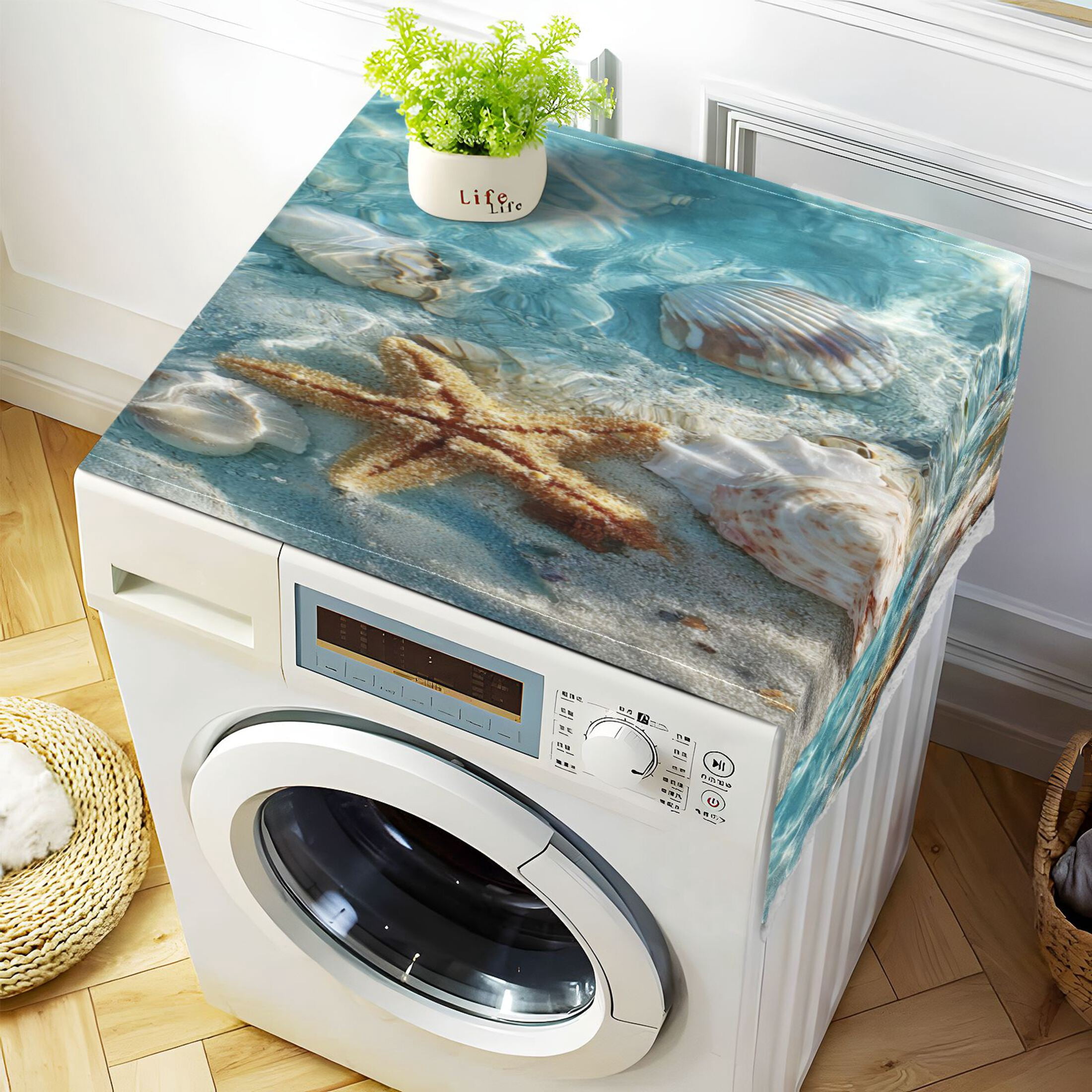 Wobogo Starfish Seashell on Beach Washing Machine Cover Dustproof Washer Dryer Cover Waterproof Laundry Room Decorative Protector