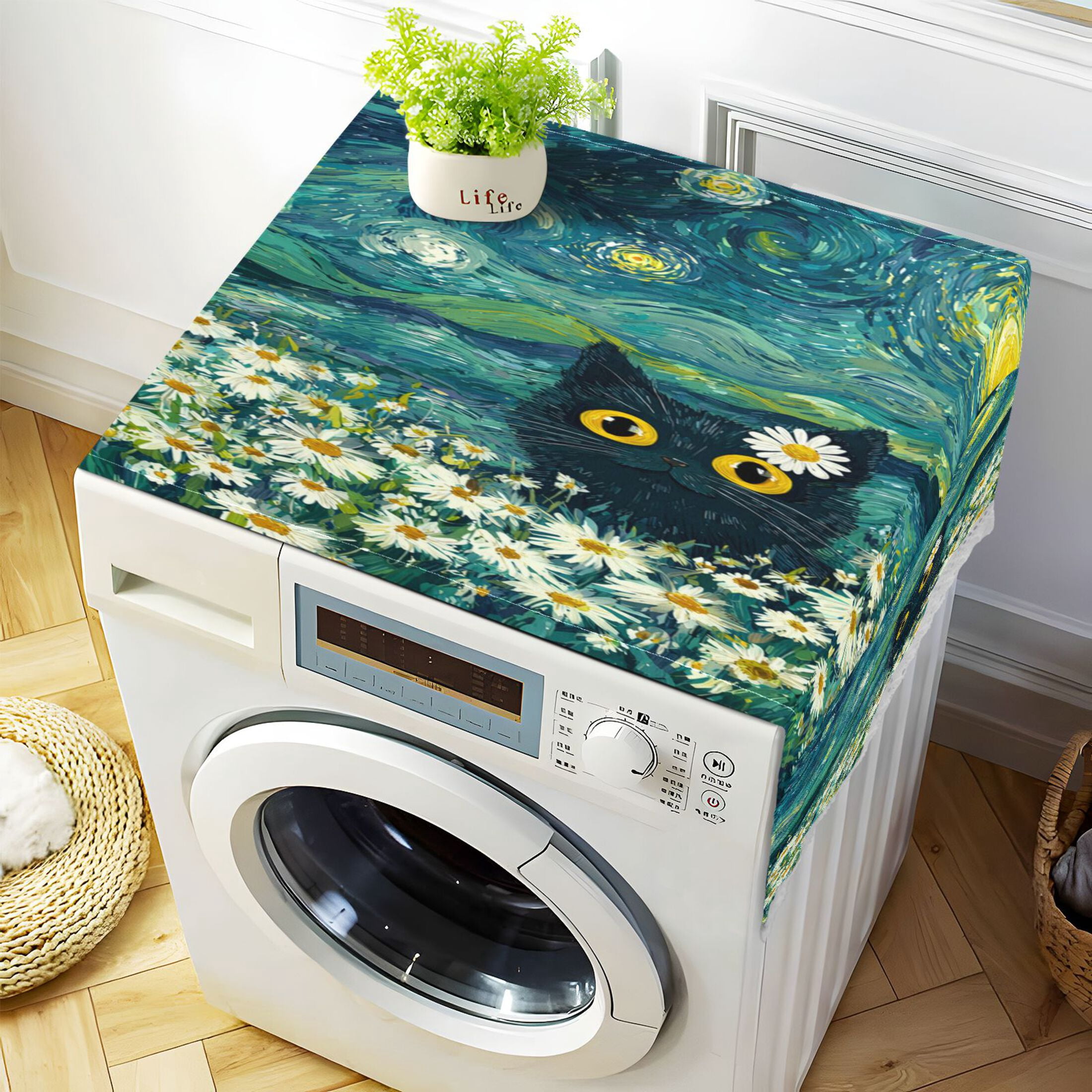 Wobogo Starry Daisy Cat Washing Machine Cover Dustproof Washer Dryer Cover Waterproof Laundry Room Decorative Protector