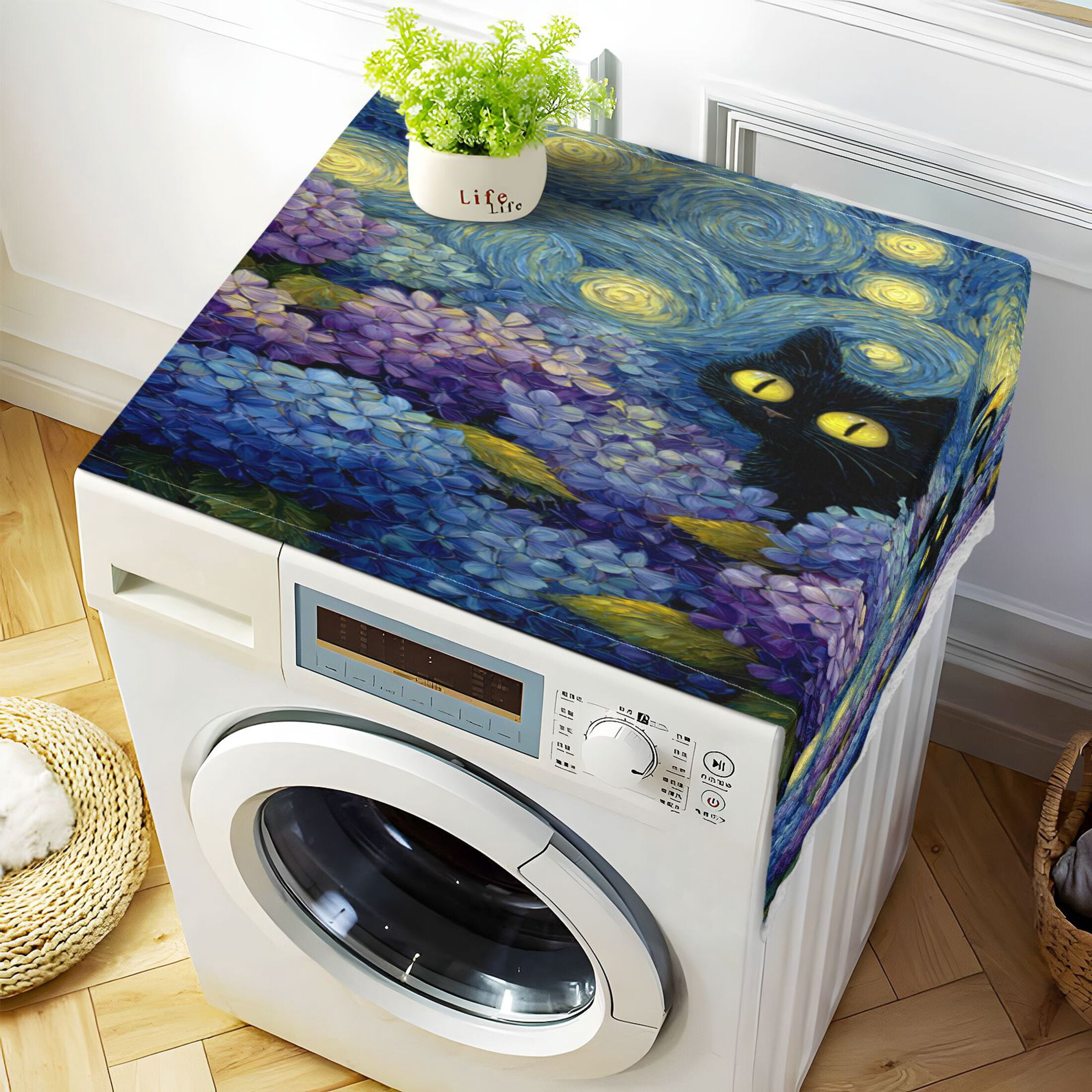 Wobogo Starry Hydrangea Cat Washing Machine Cover Dustproof Washer Dryer Cover Waterproof Laundry Room Decorative Protector