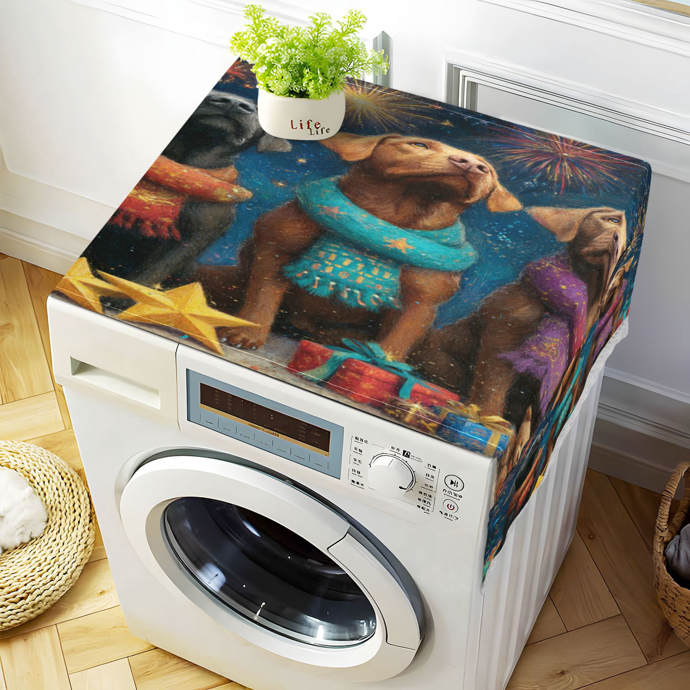 Wobogo Starry Night Labrador Washing Machine Cover Dustproof Washer Dryer Cover Waterproof Laundry Room Decorative Protector