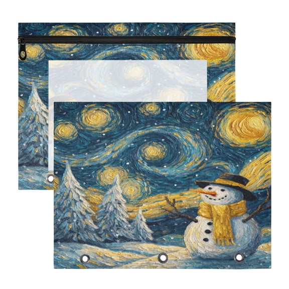 Wobogo Starry Night Snowman A4 Size Clear Polyester File Pocket Set of 2 Zipper Home Work Office Organizer