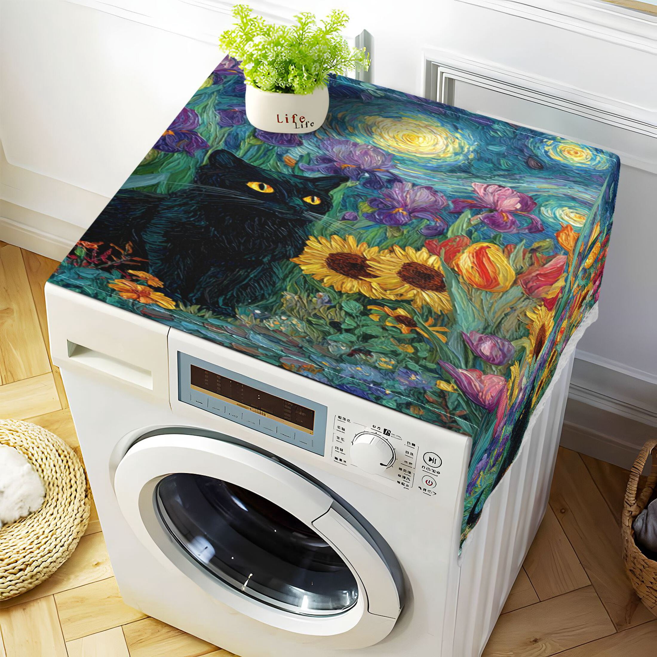 Wobogo Starry Night Tulip Cat Washing Machine Cover Dustproof Washer Dryer Cover Waterproof Laundry Room Decorative Protector