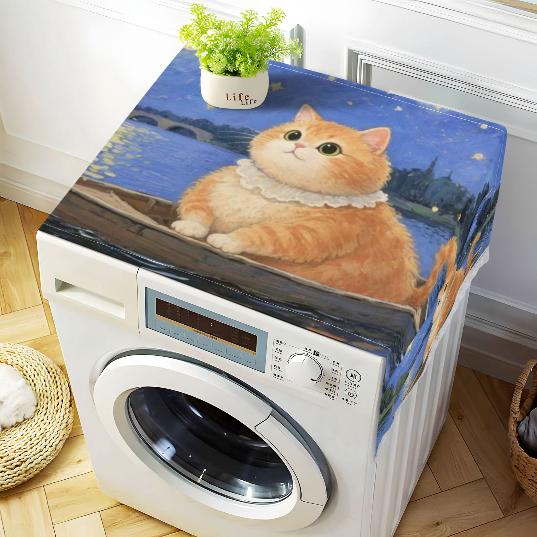 Wobogo Starry Orange Cat Washing Machine Cover Dustproof Washer Dryer Cover Waterproof Laundry Room Decorative Protector