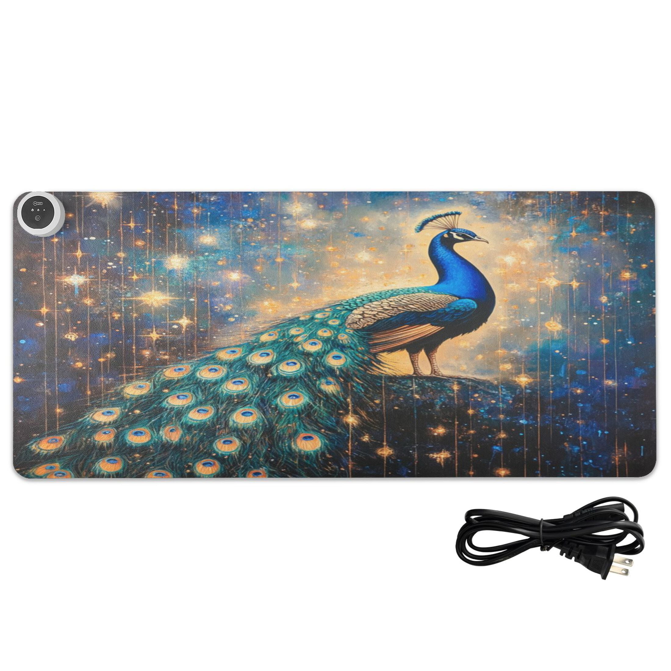 Wobogo Starry Peacock Heated Mouse Pad Extra-Large Desk Mat With 3 Heating Levels and 3-hour Auto Shut-Off Protection Ideal for Computer Keyboards Home Office Hand-warming Essential 31.5in × 13in