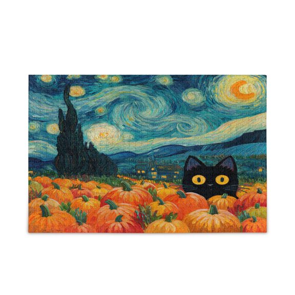 Wobogo Starry Pumpkin Cat Puzzle Challenge 500 Piece Jigsaw with Reference Poster for Game Night Finished Size 20.5 x 14.9in
