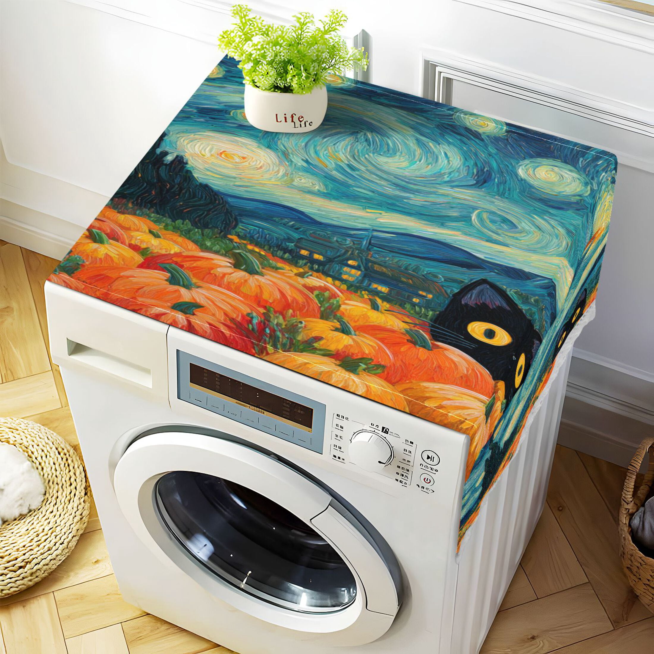 Wobogo Starry Pumpkin Cat Washing Machine Cover Dustproof Washer Dryer Cover Waterproof Laundry Room Decorative Protector