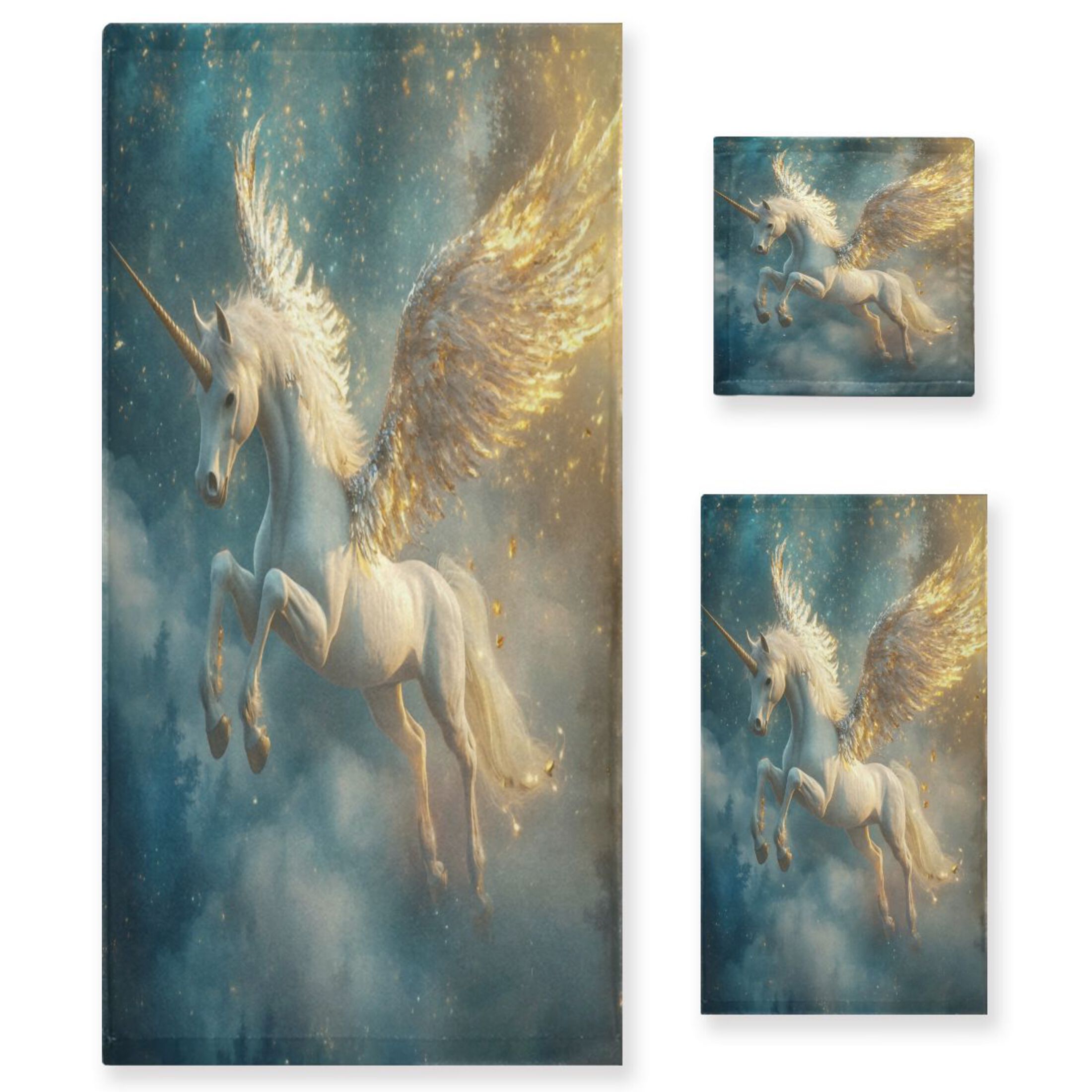 Wobogo Starry Sky Pegasus Ultra Soft 3 Pack Cotton Towel Set Includes 1 Bath Towel 1 Face Towel and 1 Washcloth for Everyday Use Lightweight and Compact