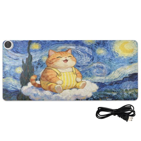 Wobogo Starry Sky Plump Cat Heated Mouse Pad, Extra-Large Desk Mat, 3 Heating Levels, 3-Hour Auto Shut-Off for Office