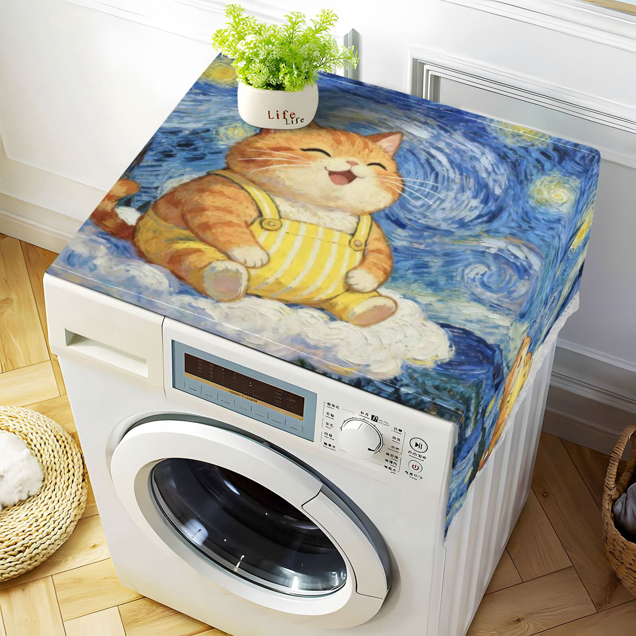 Wobogo Starry Sky Plump Cat Washing Machine Cover Dustproof Washer Dryer Cover Waterproof Laundry Room Decorative Protector