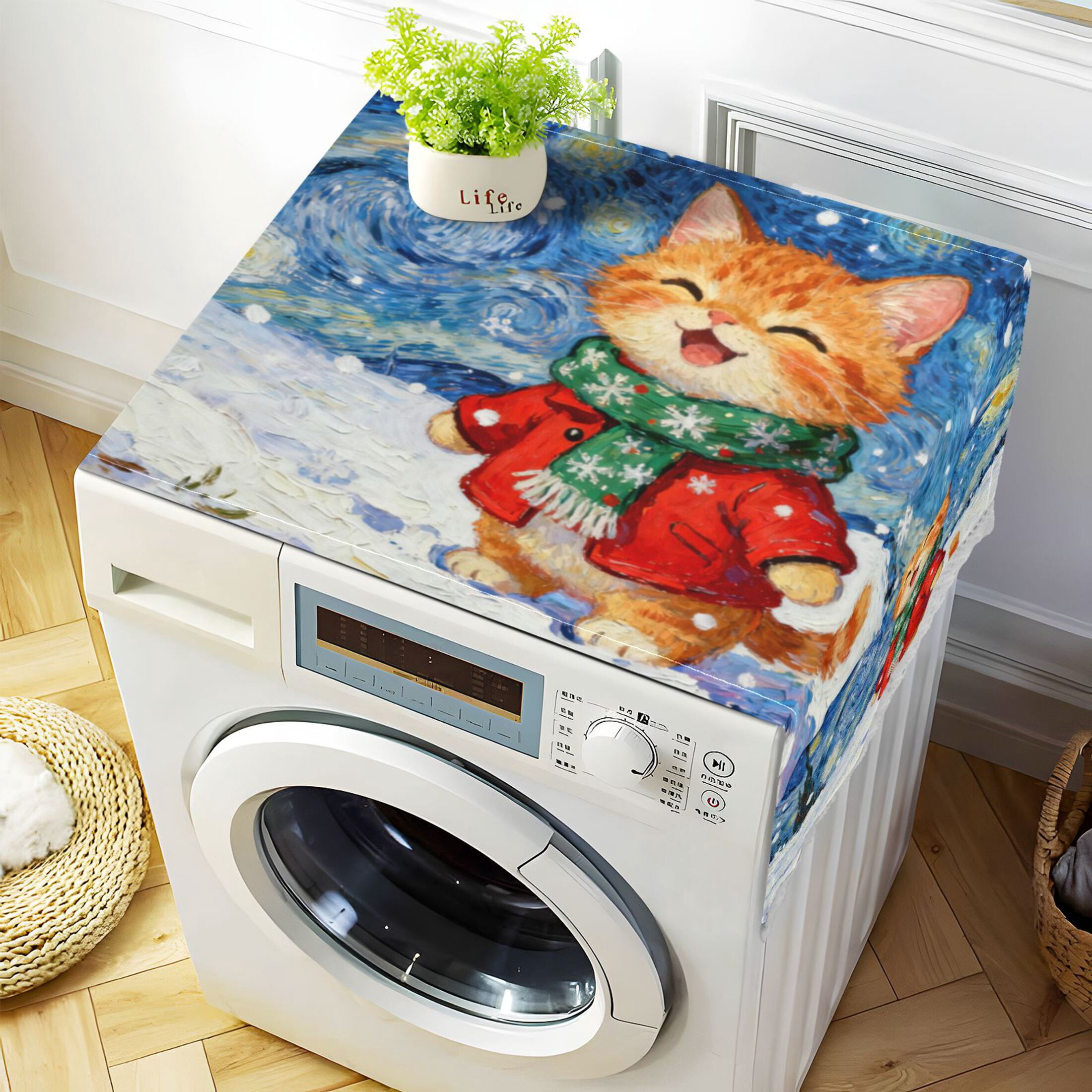 Wobogo Starry Snow Cat Washing Machine Cover Dustproof Washer Dryer Cover Waterproof Laundry Room Decorative Protector