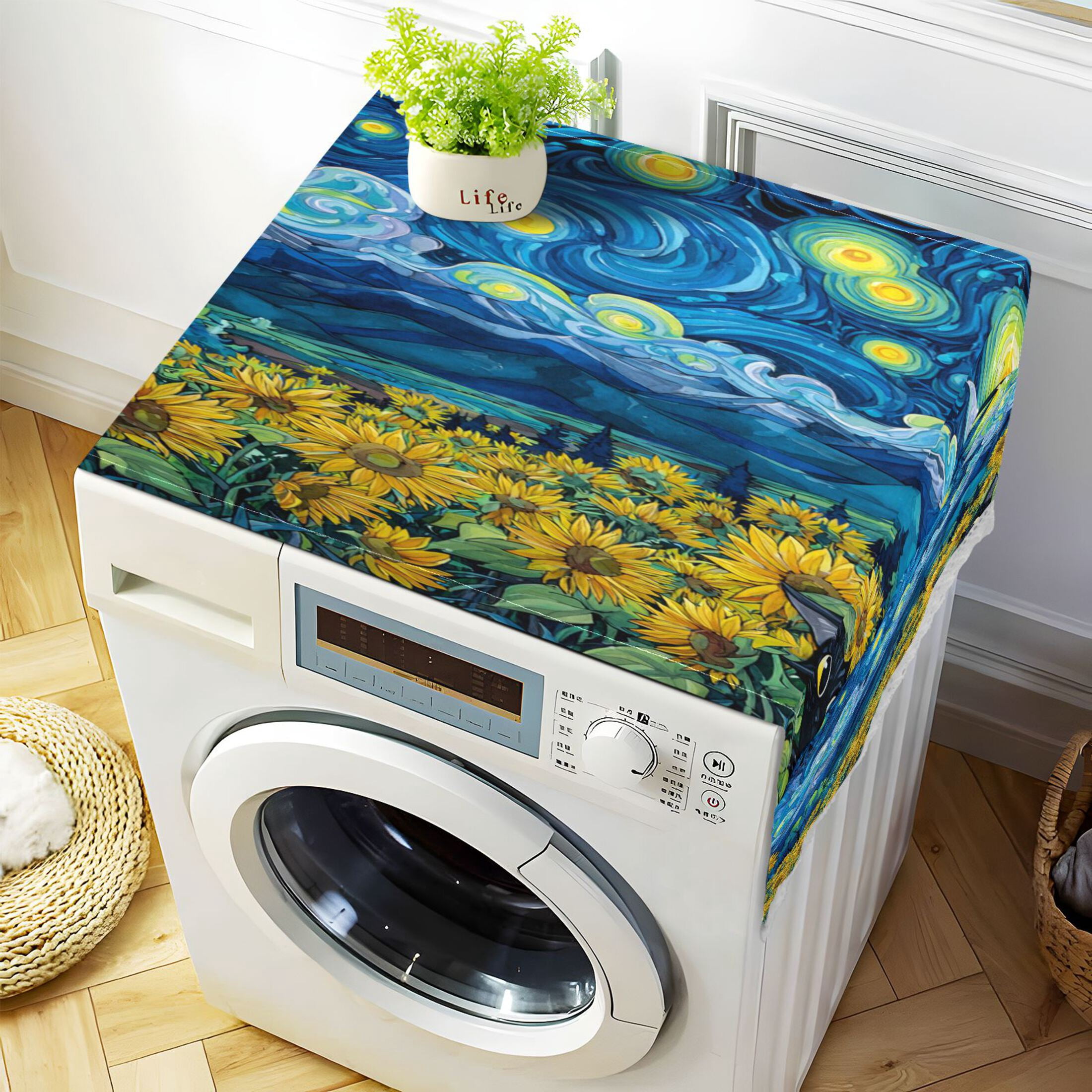 Wobogo Starry Sunflower Cat Washing Machine Cover Dustproof Washer Dryer Cover Waterproof Laundry Room Decorative Protector