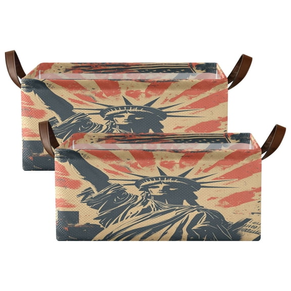 Wobogo Statue Of Liberty Storage Basket Soccer Plaid Fabric Oversized Collapsible Hoard Box with Metal Iron Frame Two Piece Set 16.9×11.4×7.7in