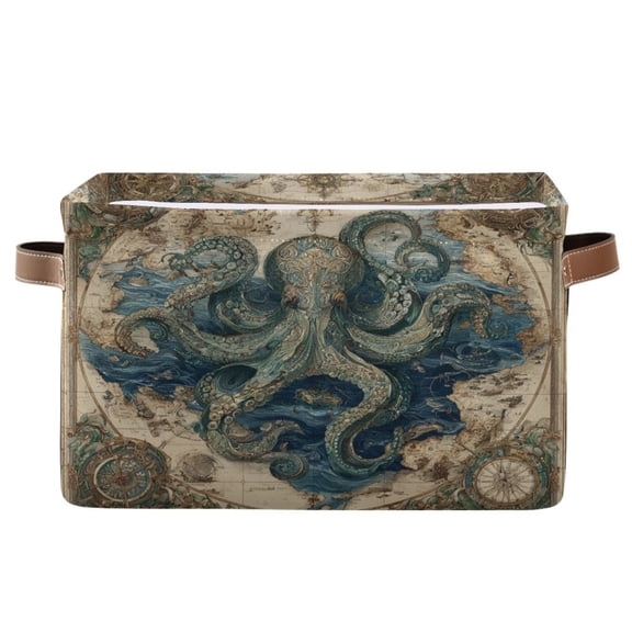 Wobogo Steam Octopus Square Storage Basket with Waterproof Canvas and PE Lining Durable PU Leather Handles 14.2×10.2×8.3in