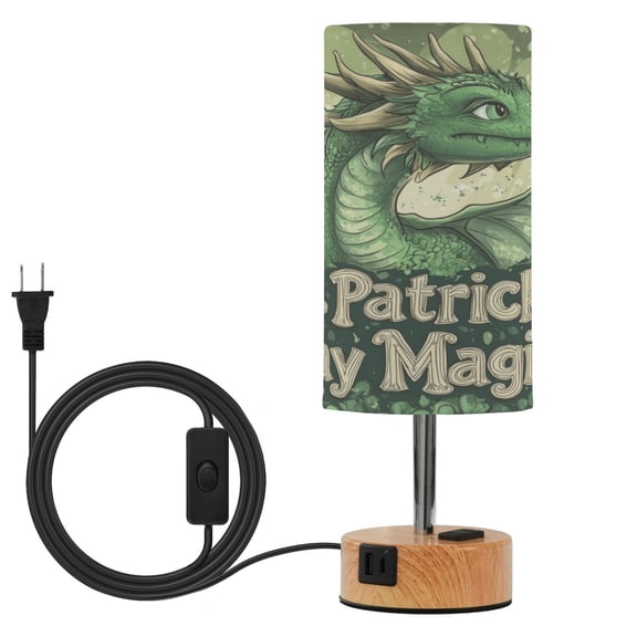 Wobogo Stpatricks Day Anime Dragon Bedside Lamp Touch Control Table Lamp with USB A+C Charging Ports & AC Outlet 3-Way Dimmable Nightstand Lamp with Linen Fabric Shade for Bedroom Living Room