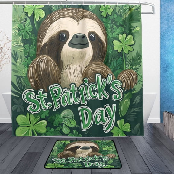 Wobogo Stpatricks Day Cute Sloth Bathroom Shower Curtain Set with Floor Mat and Hooks Ultra Waterproof Visible Slider Beads