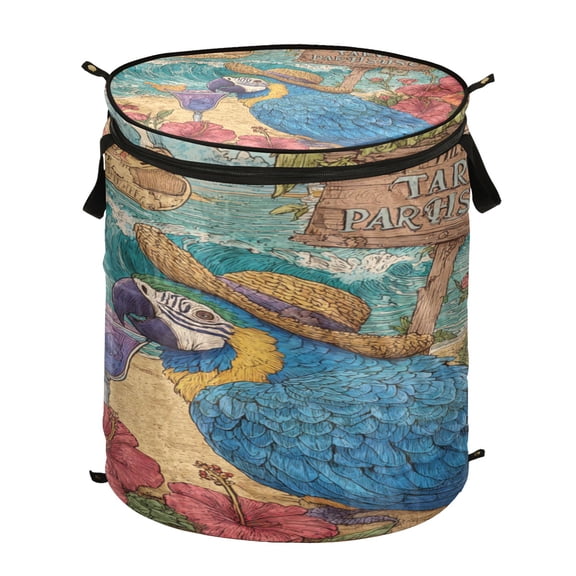 Wobogo Straw Hat Parrot Foldable Laundry Baskets with Carry Handle Zipper Closure Travel Bathroom College Dorm Essentials