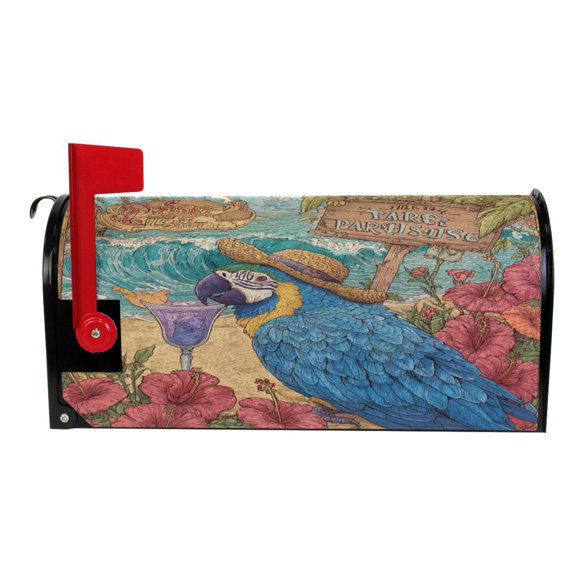 Wobogo Straw Hat Parrot Mailbox Cover Magnetic for Garden Yard Home Decor Standard Size 20.7x18.03in