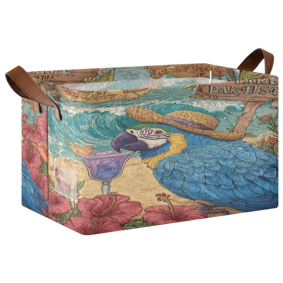 Wobogo Straw Hat Parrot Storage Basket 16.9×11.4×10in Collapsible Oversized with Metal Iron Frame