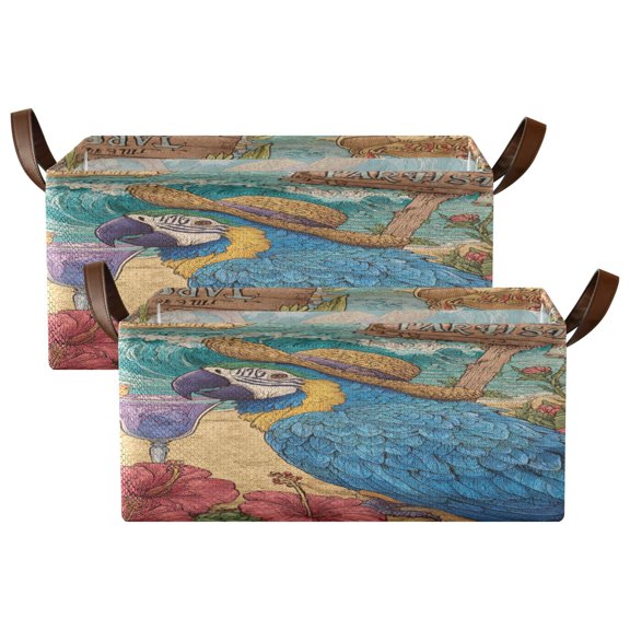 Wobogo Straw Hat Parrot Storage Basket Soccer Plaid Fabric Oversized Collapsible Hoard Box with Metal Iron Frame Two Piece Set 16.9×11.4×7.7in