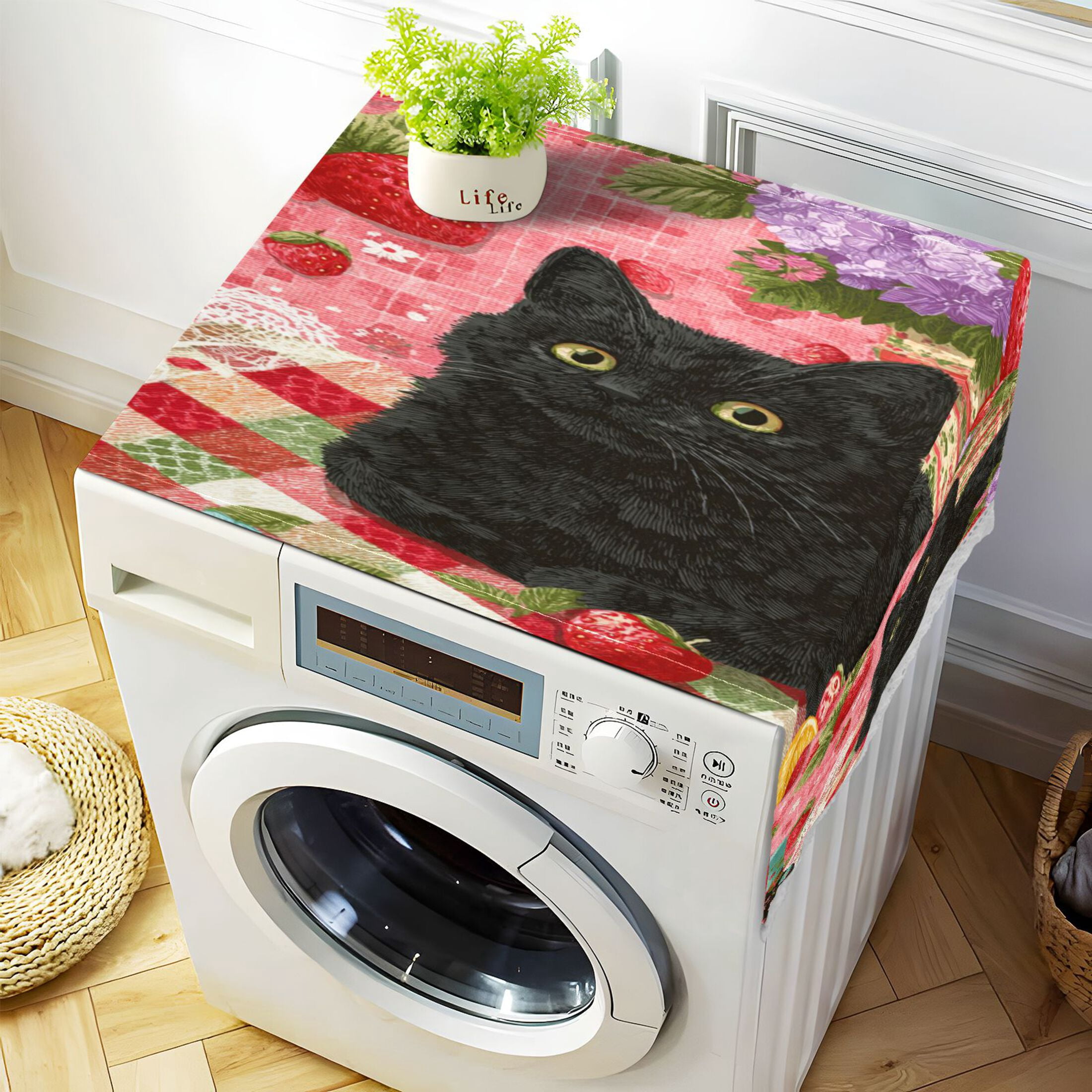 Wobogo Strawberry Black Cat Washing Machine Cover Dustproof Washer Dryer Cover Waterproof Laundry Room Decorative Protector