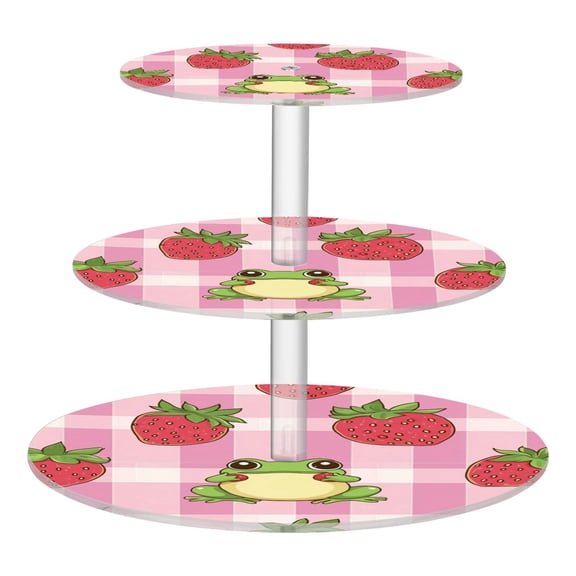 Wobogo Strawberry Frog Pattern 3 Tier Acrylic Cake Stand with Clear Round Hold for Wedding Holiday Birthday Baby Shower Tea Party