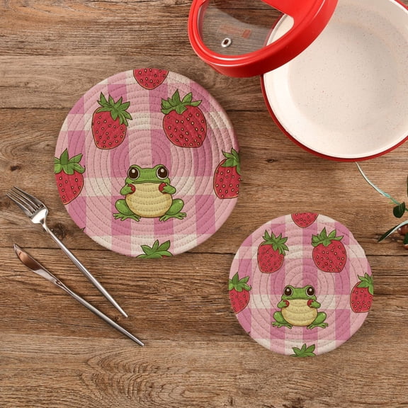 Wobogo Strawberry Frog Pattern Trivets Potholders Set of 2 Cotton Woven Round Hot Plate Mats for Hot Dishes Bowls Teapots