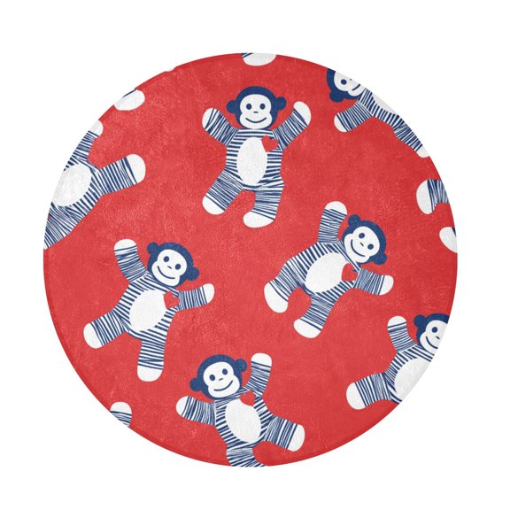 Wobogo Striped Sock Monkey Round Rug Soft Shaggy Plush Area Rug with Non Slip Backing for Bedroom Home Decor