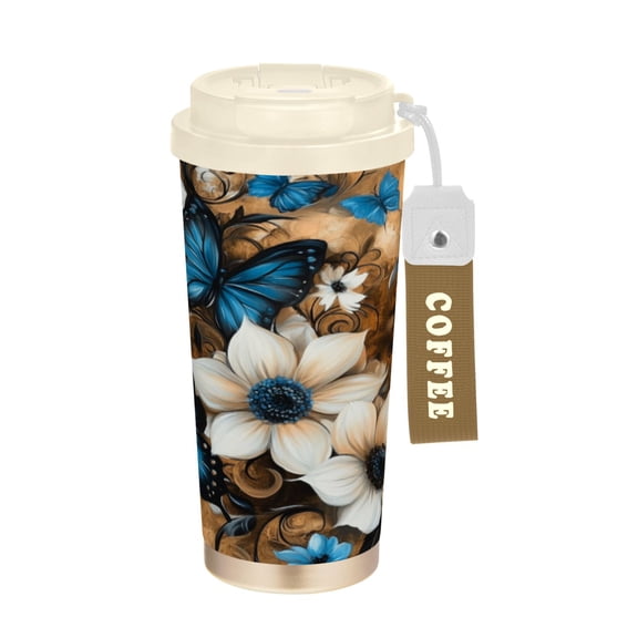 Wobogo Stunning Floral Double Drinking Coffee Cup Insulated Mug with Food-grade 316 Stainless Steel Beige Lid