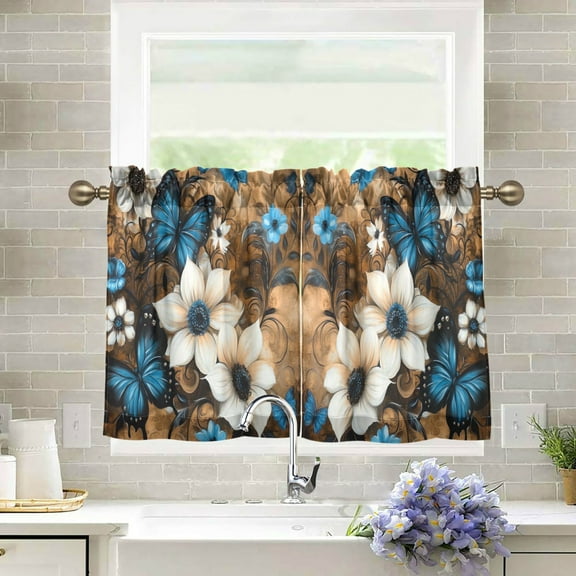 Wobogo Stunning Floral Kitchen Curtains 2 Piece Set Farmhouse Country Style Light Filtering Small Window Drapes Suitable for Bathroom Laundry Room and RV 27x24in