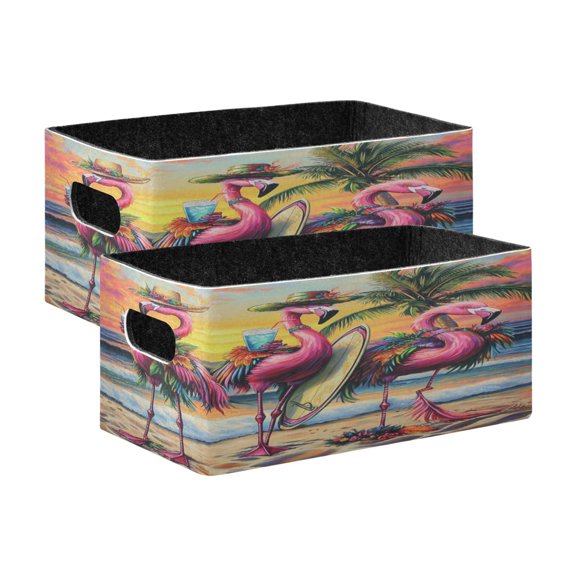 Wobogo Summer Flamingo Decorative Folding Storage Basket Felt Organizer Bin for Toys, Clothes, Desk