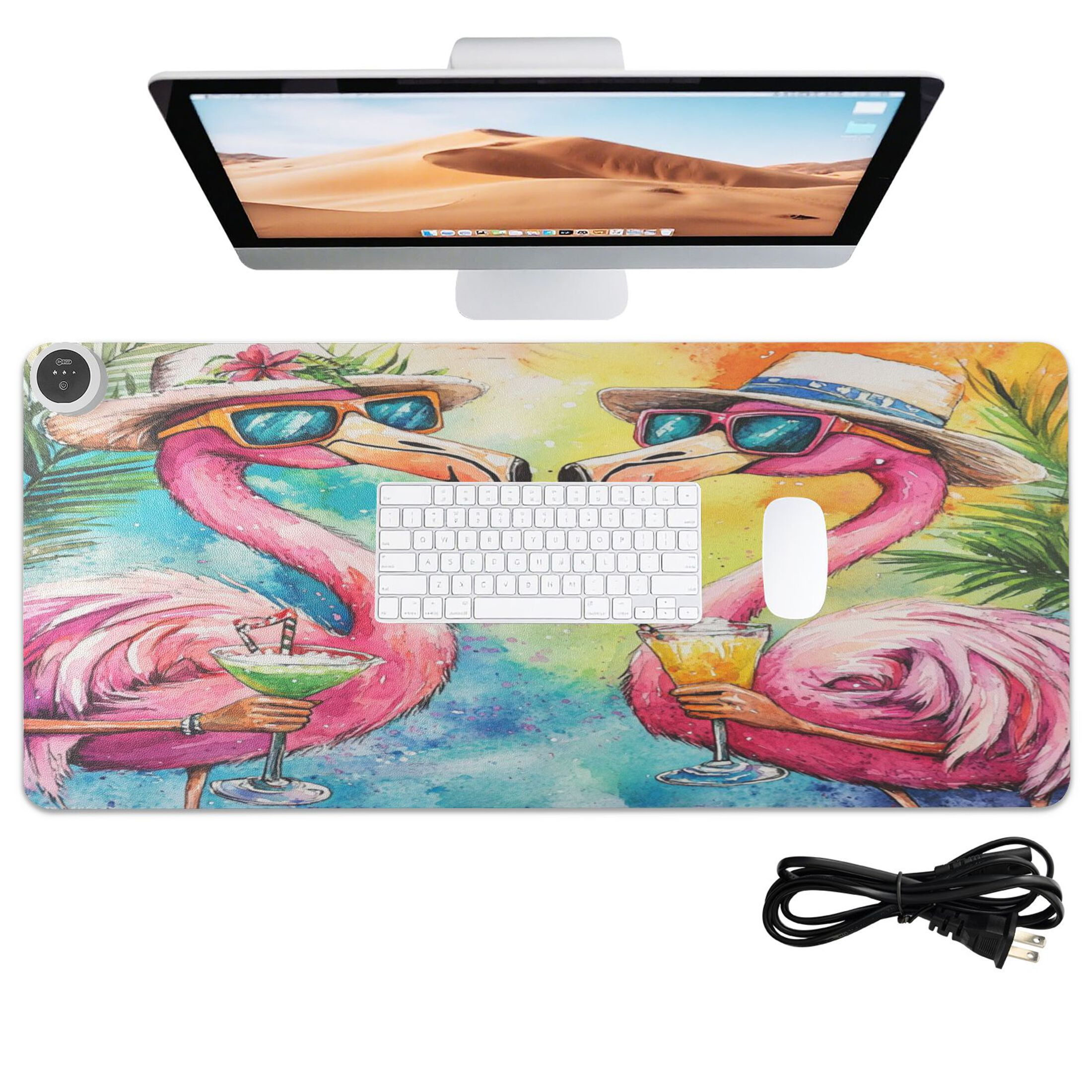 Wobogo Summer Flamingos Heated Mouse Pad Extra-Large Desk Mat With 3 Heating Levels and 3-hour Auto Shut-Off Protection Ideal for Computer Keyboards Home Office Hand-warming Essential 31.5in × 13in