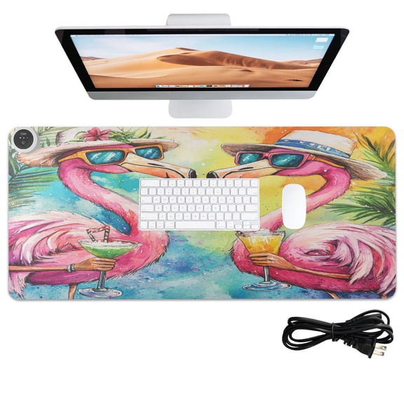 Wobogo Summer Flamingos Heated Mouse Pad Extra-Large Desk Mat With 3 Heating Levels and 3-hour Auto Shut-Off Protection Ideal for Computer Keyboards Home Office Hand-warming Essential 31.5in 13in