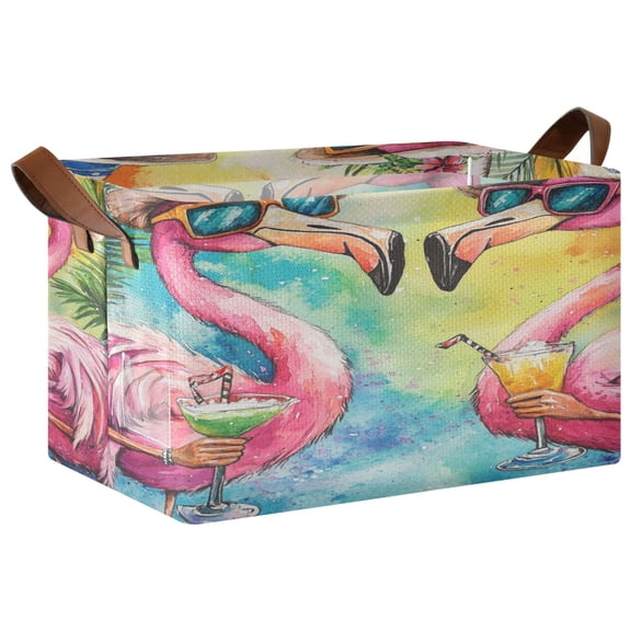 Wobogo Summer Flamingos Storage Basket 16.9×11.4×10in Collapsible Oversized with Metal Iron Frame