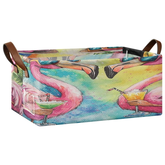 Wobogo Summer Flamingos Storage Basket Soccer Plaid Fabric Oversized Collapsible Hoard Box with Metal Iron Frame 16.9×11.4×7.7in