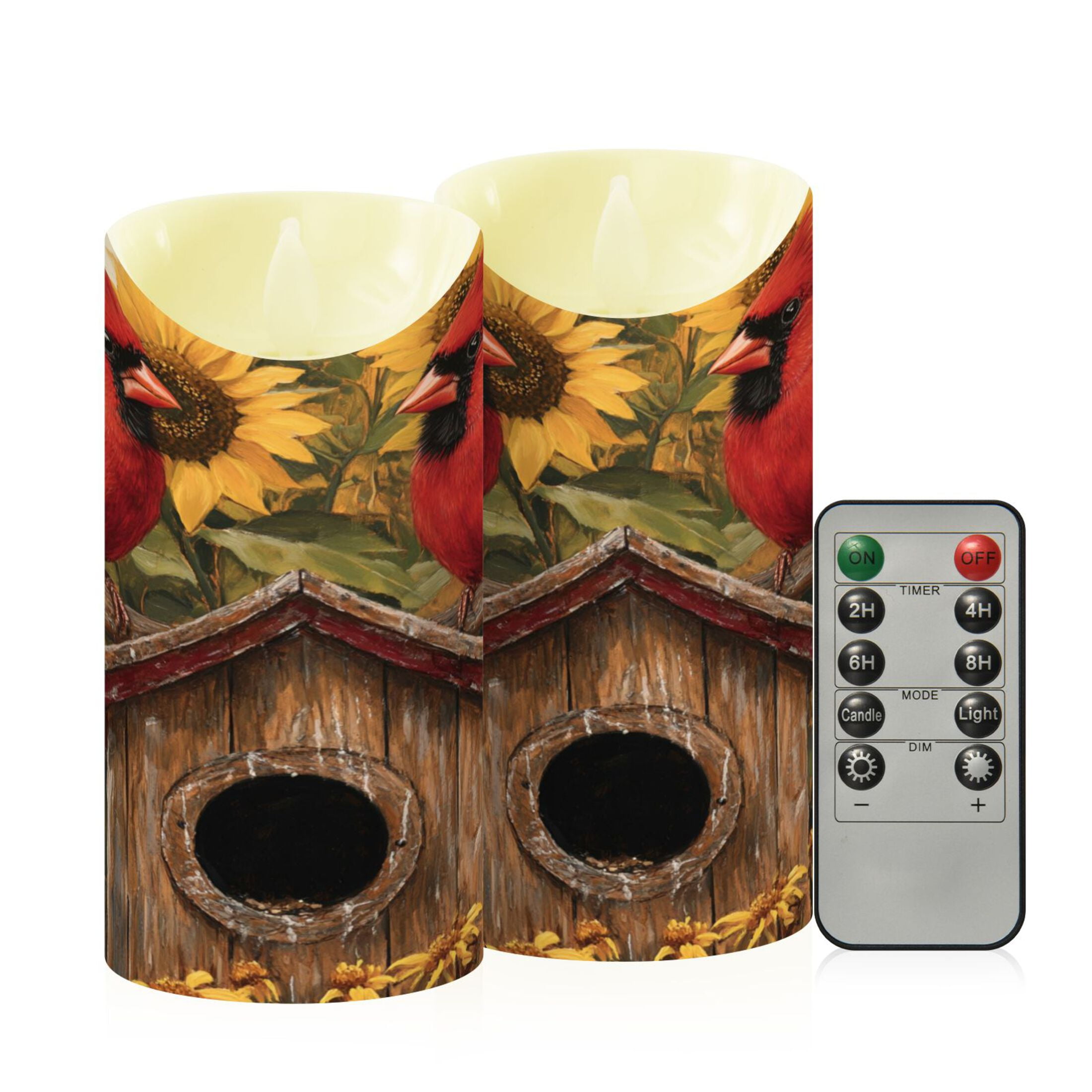 Wobogo Summer Sunflowers Cardinal Bird Flameless Candles with Remote Battery Operated Flickering LED Candles with Timer 2/4/6/8H Medium Size