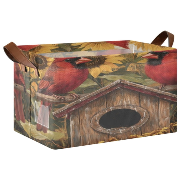 Wobogo Summer Sunflowers Cardinal Bird Storage Basket 16.9×11.4×10in Collapsible Oversized with Metal Iron Frame