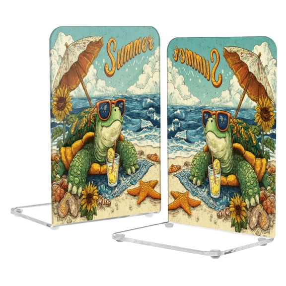 Wobogo Summer Turtle Acrylic Bookends Clear L-Shaped Book Holder with Non-Slip Pads for Books Files Magazines CD DVD 5.44.18.1in