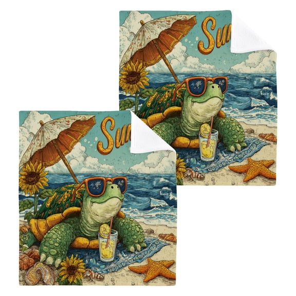 Wobogo Summer Turtle Square Cotton Towel Set of 2 Soft and Skin-friendly with Good Absorbency 12×12in