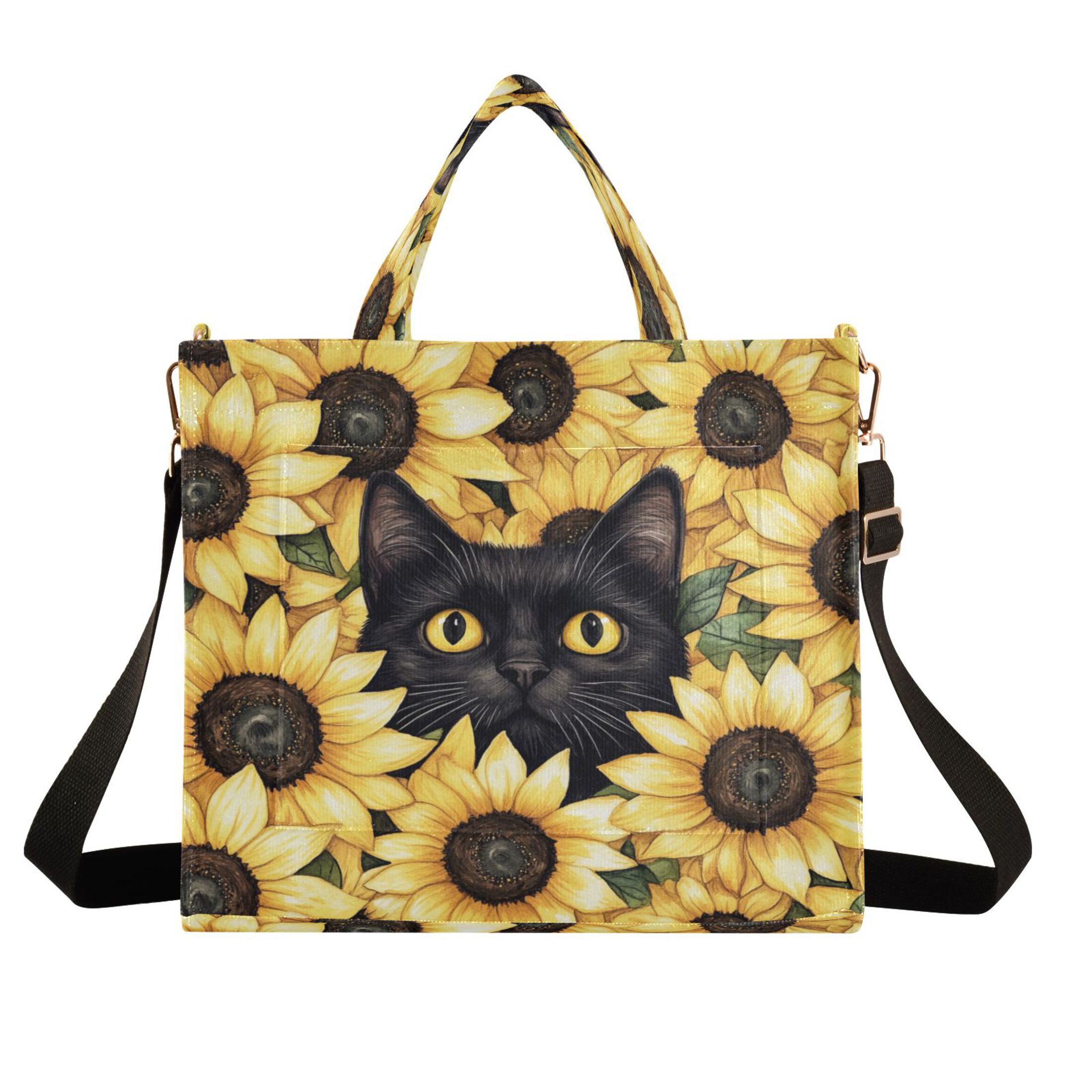 Wobogo Sunflower Cat Corduroy Tote Bag for Women Travel Crossbody Bag Purse Women Shoulder Bags Work Handbags Daily Commuter Bag 10.2×9inch