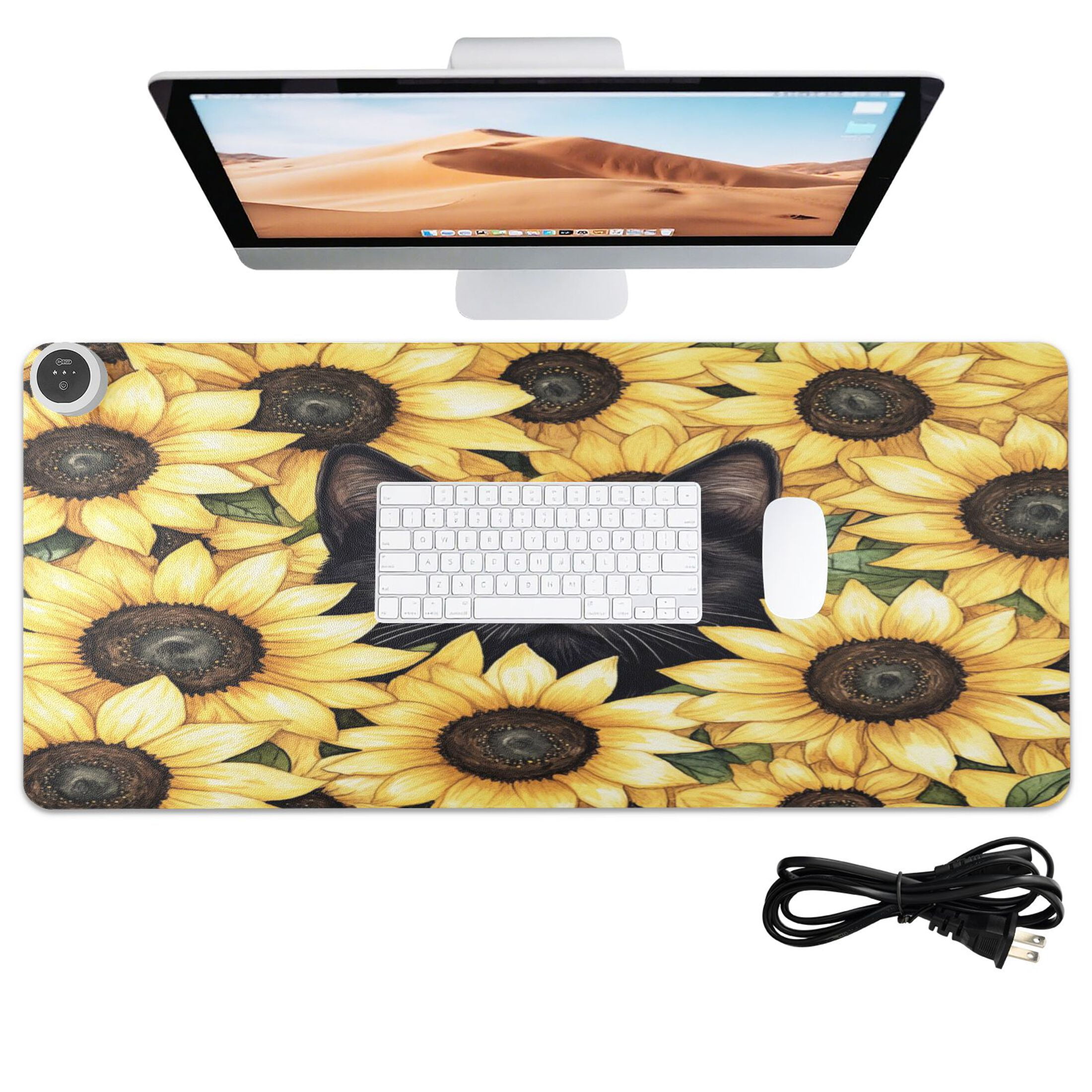 Wobogo Sunflower Cat Heated Mouse Pad Extra-Large Desk Mat With 3 Heating Levels and 3-hour Auto Shut-Off Protection Ideal for Computer Keyboards Home Office Hand-warming Essential 31.5in × 13in