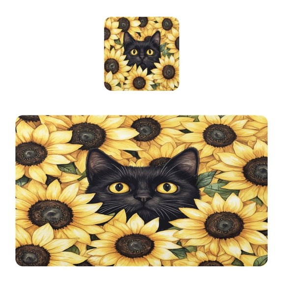 Wobogo Sunflower Cat Placemats Coasters Set of 1 Heat-resistant Non-slip Easy to Clean Square Dinner Plate Mat