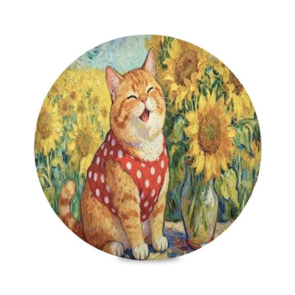 Wobogo Sunflower Chubby Cat Round Placemats Set of 1 Heat Resistant Washable Kitchen Table Decorations 15.4in