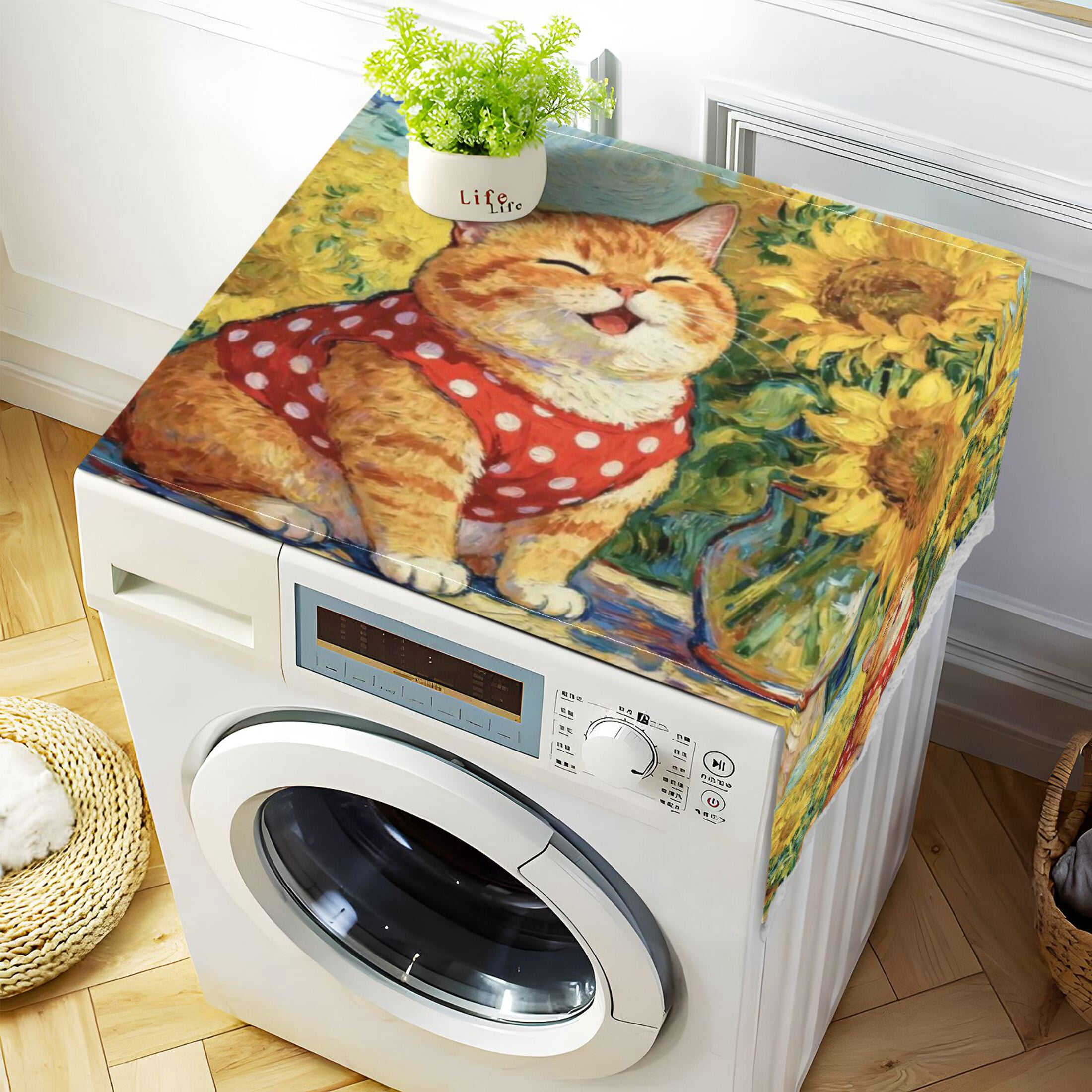 Wobogo Sunflower Chubby Cat Washing Machine Cover Dustproof Washer Dryer Cover Waterproof Laundry Room Decorative Protector