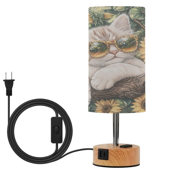 Wobogo Sunflower Cute Kitten Bedside Lamp Touch Control Table Lamp with USB A+C Charging Ports & AC Outlet 3-Way Dimmable Nightstand Lamp with Linen Fabric Shade for Bedroom Living Room